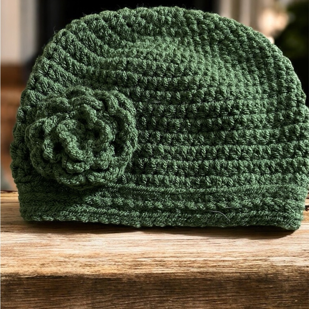 Charming Green Knit Kids Beanie with Floral Detail